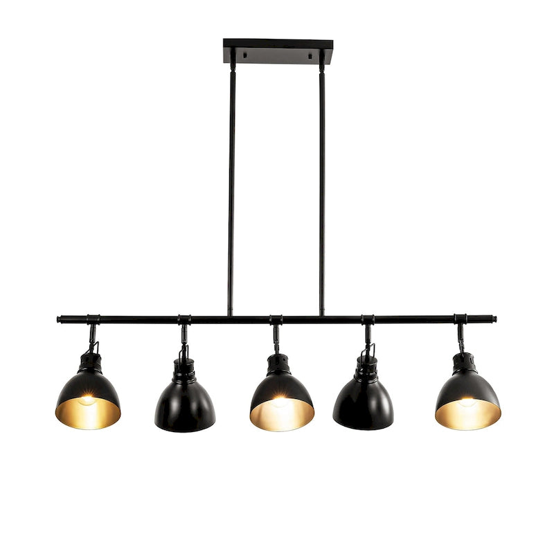 Suspension linéaire noire moderne industrielle à 5 lumières pour îlot de cuisine, style couvercle de casserole / éclairage sur rail réglable