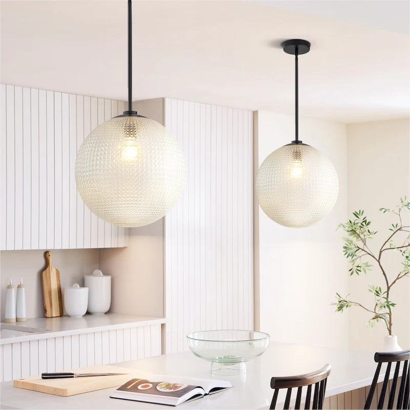 Suspension moderne à une lumière en verre texturé noir et or pour îlot de cuisine