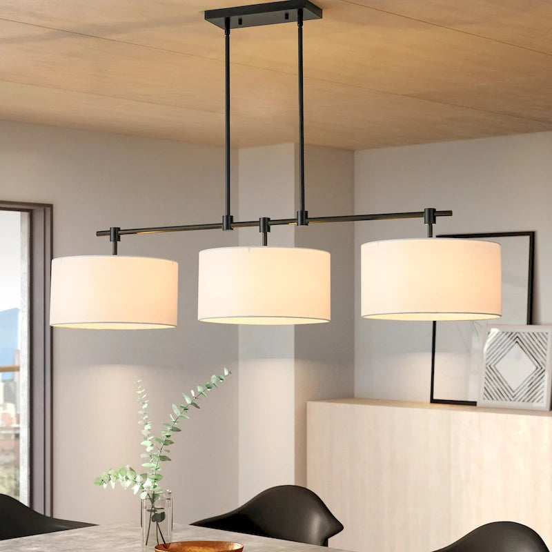 Suspension moderne linéaire à 3 lumières en tissu, style tambour, pour îlot de cuisine ou salle à manger