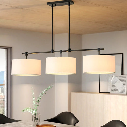 Suspension moderne linéaire à 3 lumières en tissu, style tambour, pour îlot de cuisine ou salle à manger