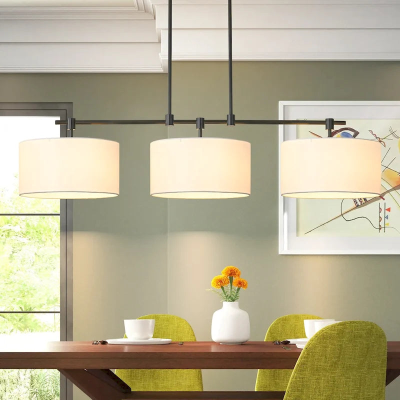 Suspension moderne linéaire à 3 lumières en tissu, style tambour, pour îlot de cuisine ou salle à manger