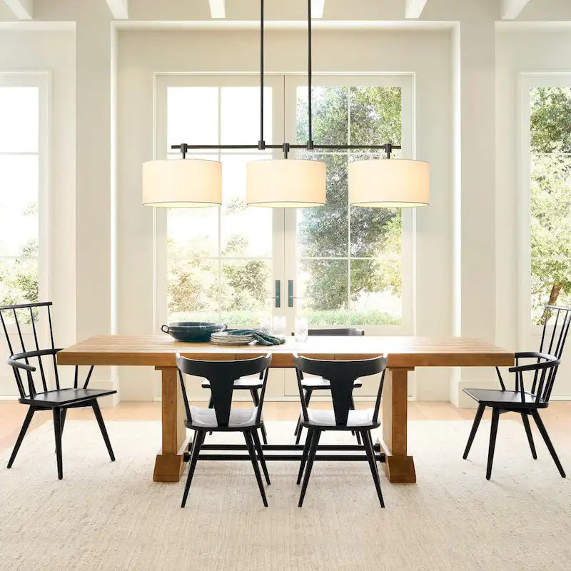 Suspension moderne linéaire à 3 lumières en tissu, style tambour, pour îlot de cuisine ou salle à manger