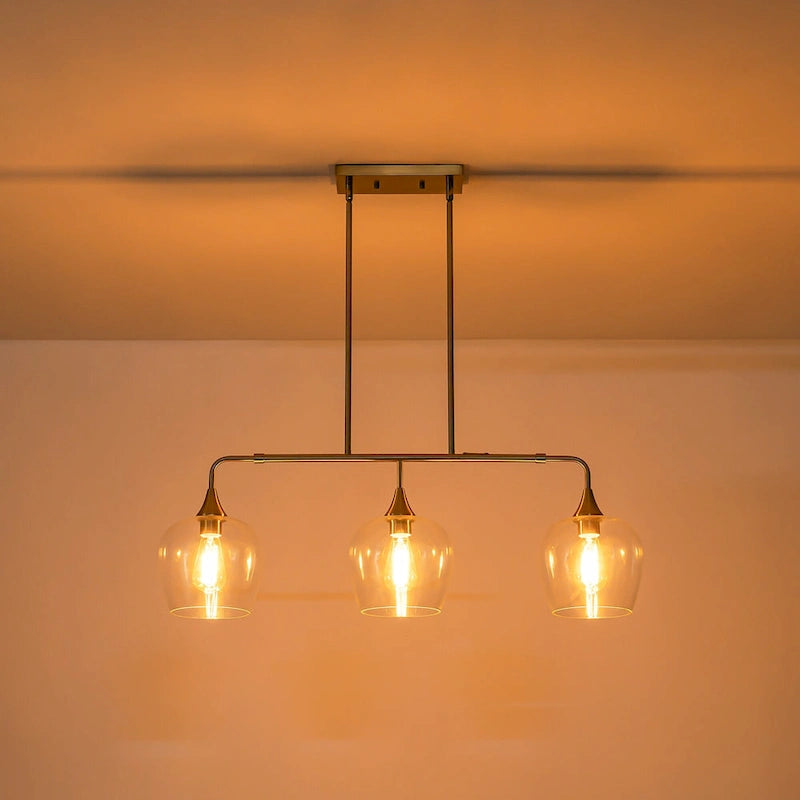 Applique murale linéaire moderne noire et dorée à 3 lumières pour îlot de cuisine, avec abat-jour en verre transparent