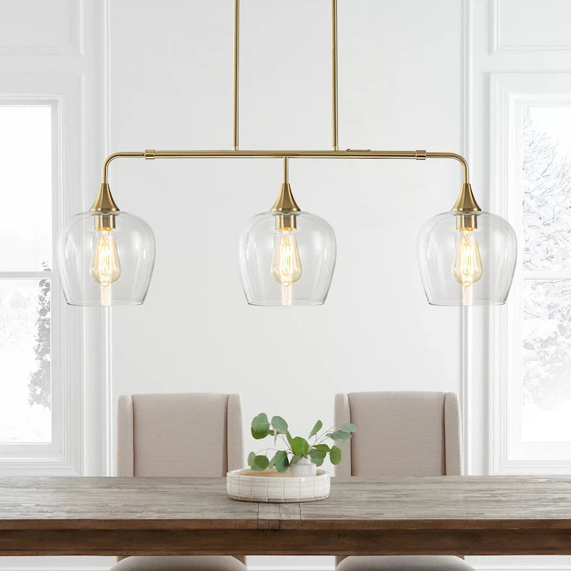 Applique murale linéaire moderne noire et dorée à 3 lumières pour îlot de cuisine, avec abat-jour en verre transparent