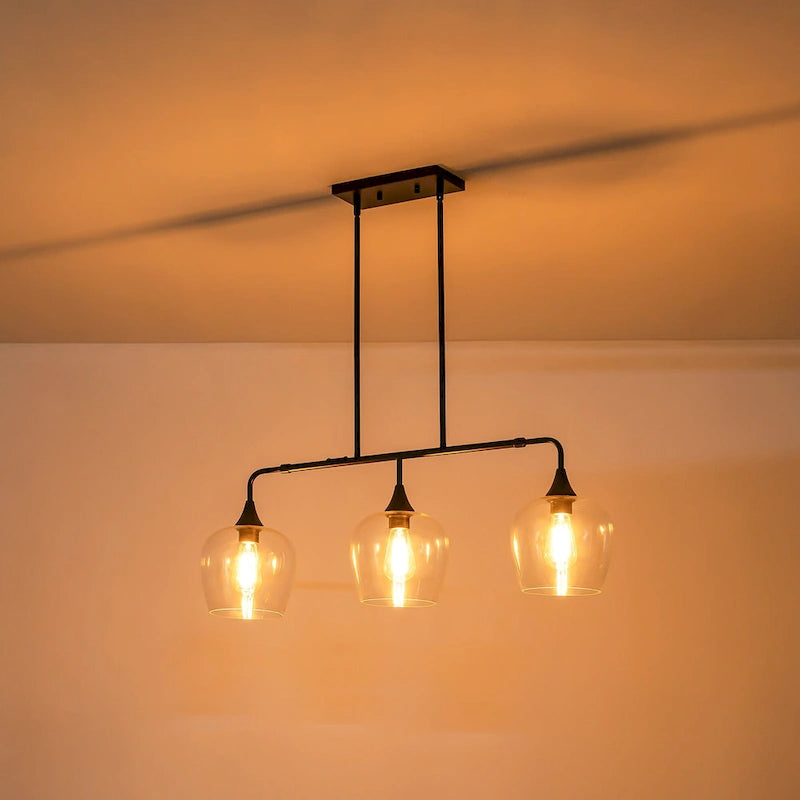 Applique murale linéaire moderne noire et dorée à 3 lumières pour îlot de cuisine, avec abat-jour en verre transparent