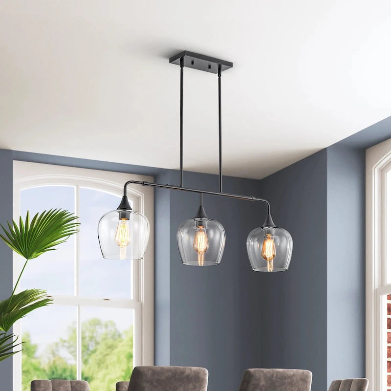 Applique murale linéaire moderne noire et dorée à 3 lumières pour îlot de cuisine, avec abat-jour en verre transparent