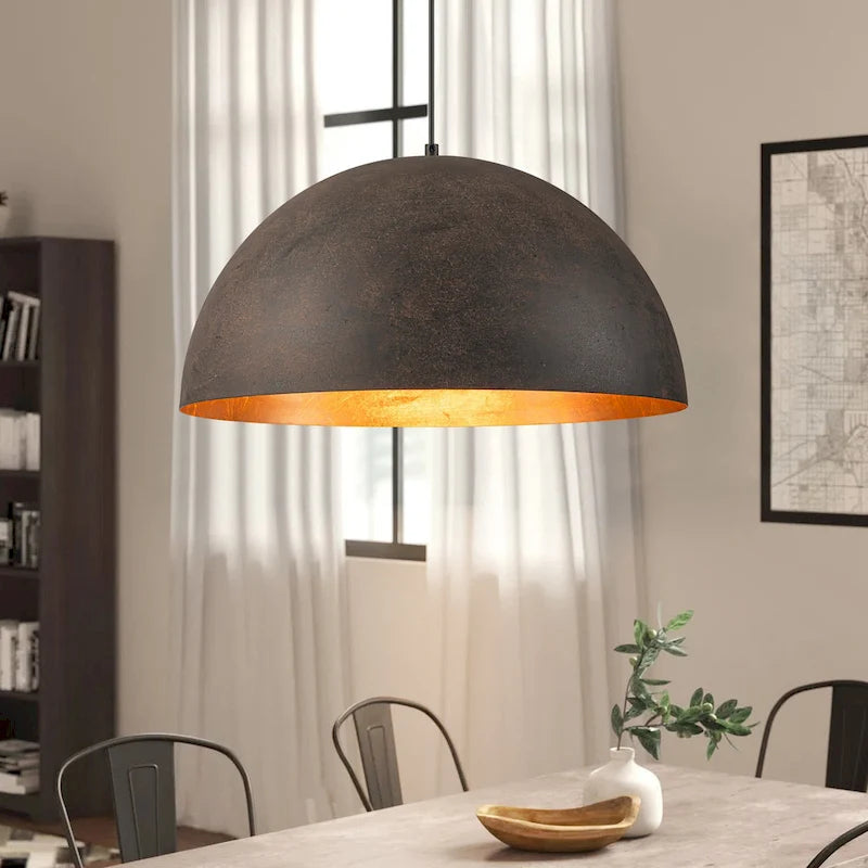 1-Light Industrial Vintage Antique Black/Brown Gold Leaf Dome Kitchen Island Pendant Lights - 19.6 in. W x 11.8 in. H