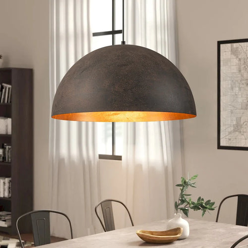 1-Light Industrial Vintage Antique Black/Brown Gold Leaf Dome Kitchen Island Pendant Lights - 19.6 in. W x 11.8 in. H
