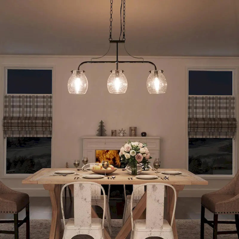 Lustre linéaire moderne à 3 lumières en verre bullé, style ferme, pour îlot de salle à manger - L25 x l5 x H14