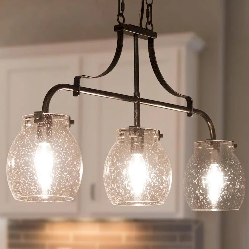 Lustre linéaire moderne à 3 lumières en verre bullé, style ferme, pour îlot de salle à manger - L25 x l5 x H14