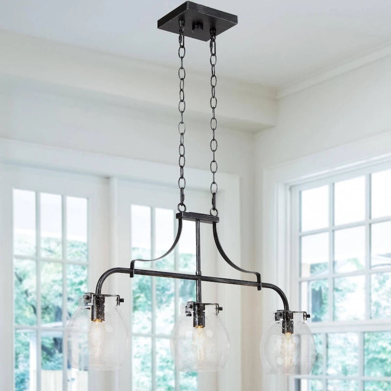 Lustre linéaire moderne à 3 lumières en verre bullé, style ferme, pour îlot de salle à manger - L25 x l5 x H14