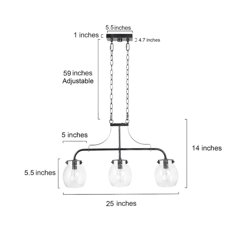 Lustre linéaire moderne à 3 lumières en verre bullé, style ferme, pour îlot de salle à manger - L25 x l5 x H14