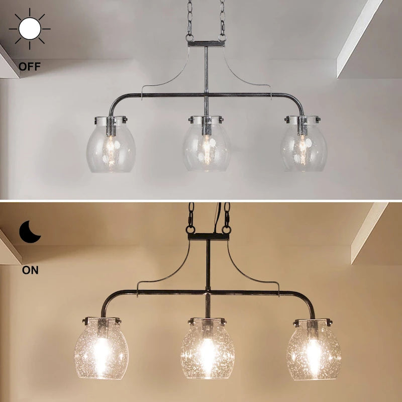 Lustre linéaire moderne à 3 lumières en verre bullé, style ferme, pour îlot de salle à manger - L25 x l5 x H14