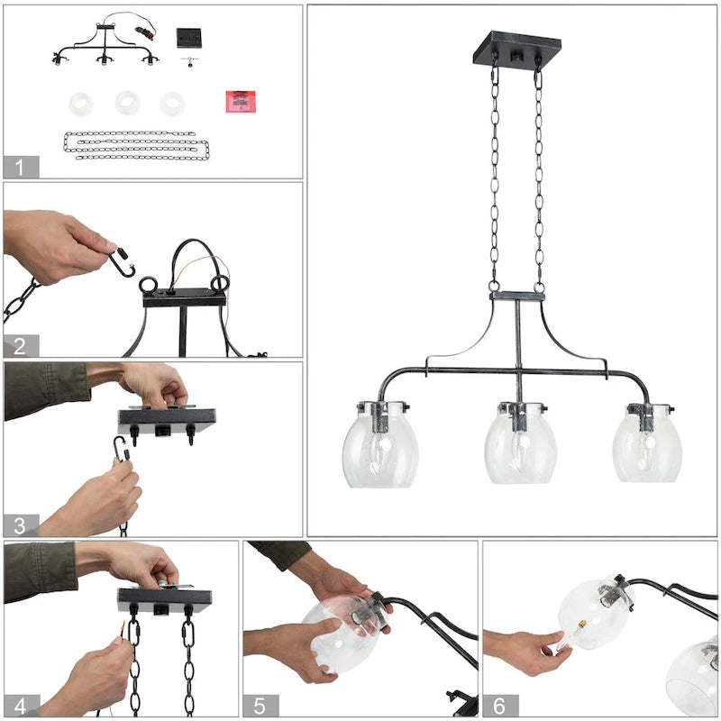Lustre linéaire moderne à 3 lumières en verre bullé, style ferme, pour îlot de salle à manger - L25 x l5 x H14