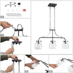 Lustre linéaire moderne à 3 lumières en verre bullé, style ferme, pour îlot de salle à manger - L25 x l5 x H14