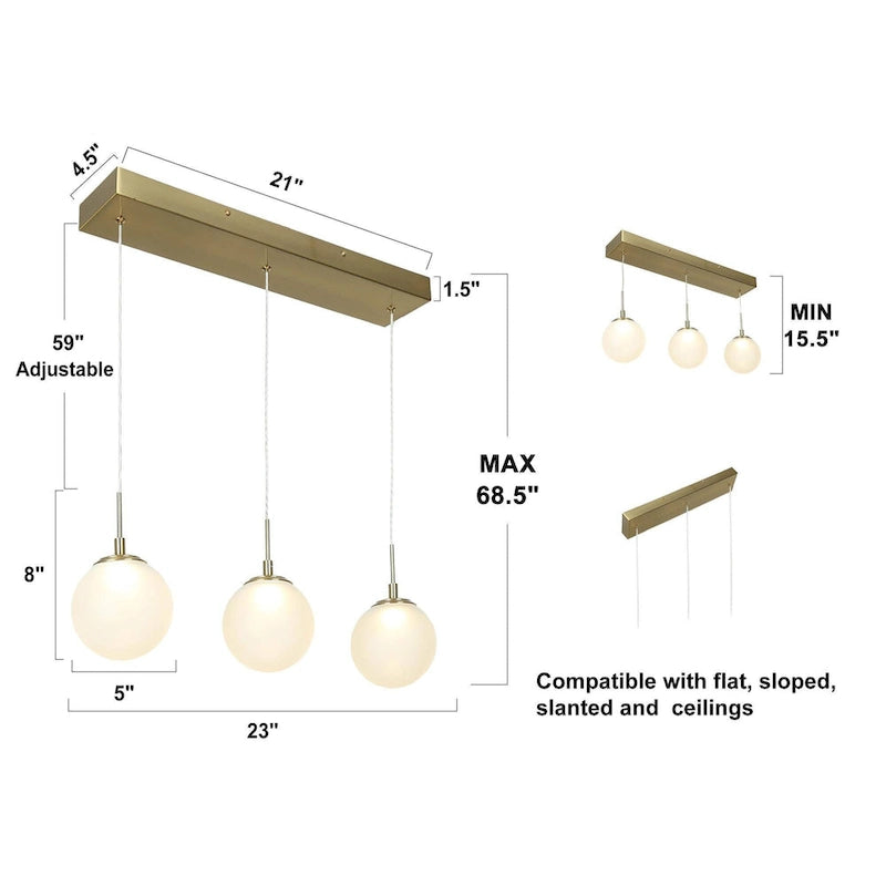 Lustre moderne à 3 lumières LED dorées, éclairage linéaire en verre pour îlot de salle à manger - 23