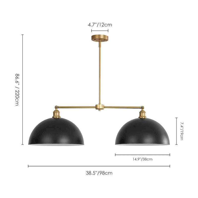 Suspension linéaire industrielle noire moderne à 2 lumières en forme de dôme pour îlot de cuisine - 98 cm (L) x 29 cm (H) x 38 cm (P)