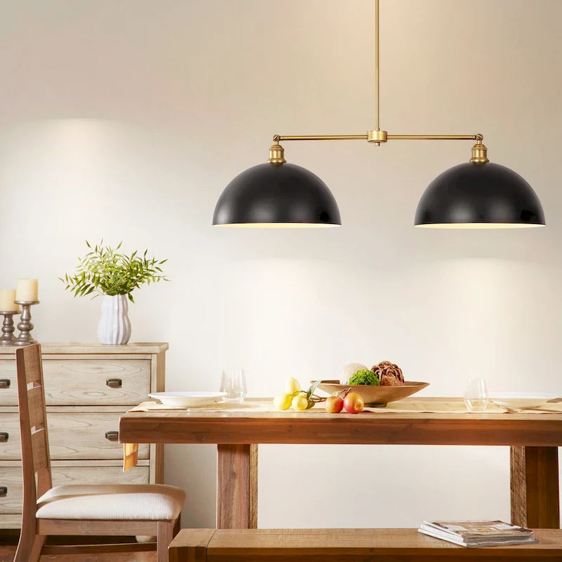 Suspension linéaire industrielle noire moderne à 2 lumières en forme de dôme pour îlot de cuisine - 98 cm (L) x 29 cm (H) x 38 cm (P)