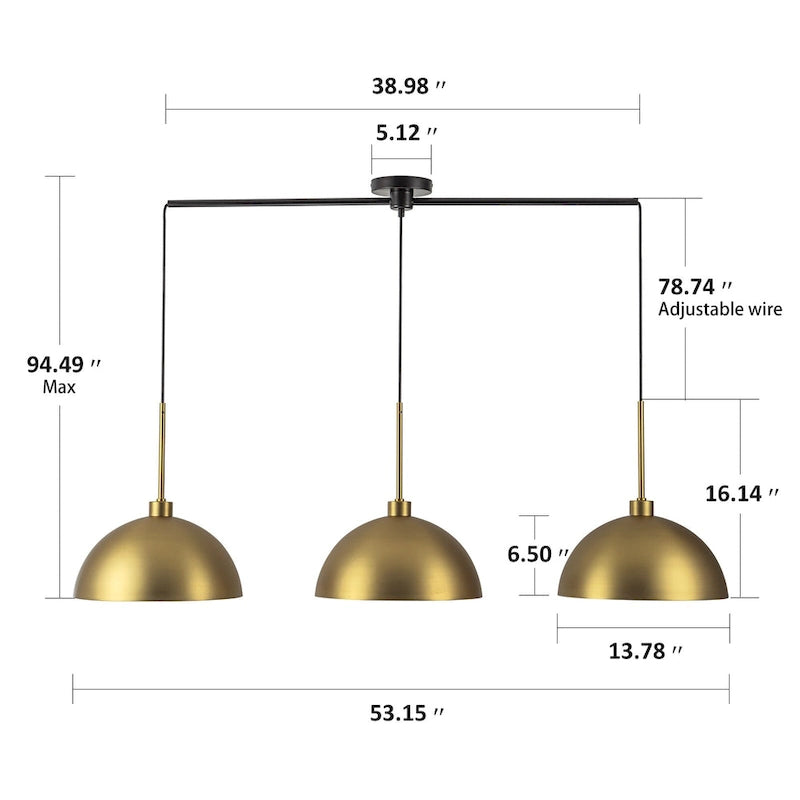 Lustre linéaire moderne à 3 lumières en laiton avec dôme pour îlot de cuisine - W53.2