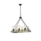 Luminaire linéaire îlot à 6 lumières noir mat et bois vieilli