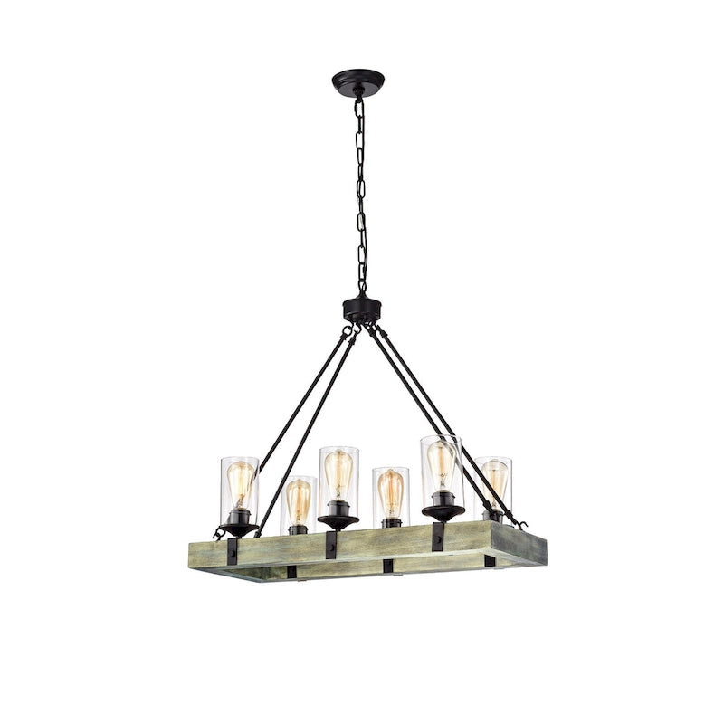Luminaire linéaire îlot à 6 lumières noir mat et bois vieilli