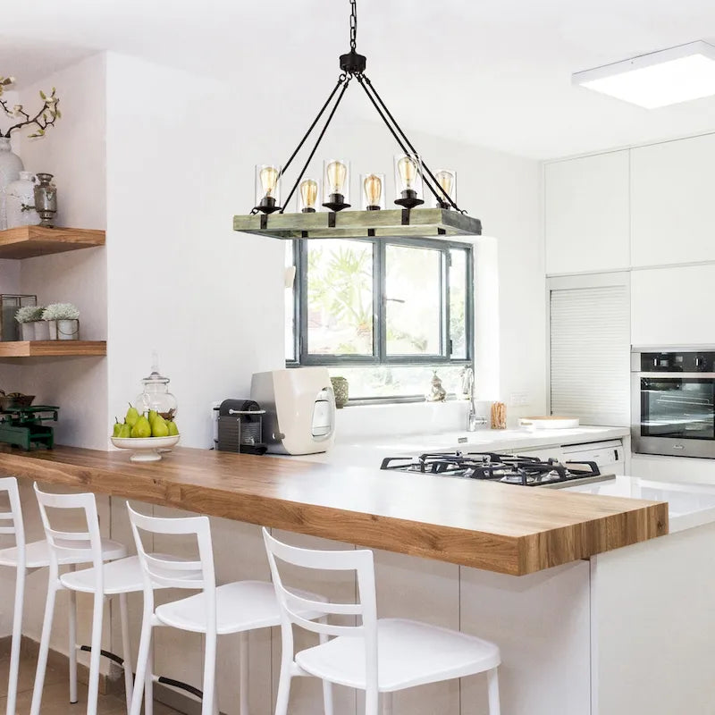 Luminaire linéaire îlot à 6 lumières noir mat et bois vieilli
