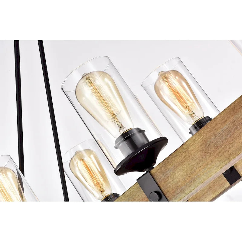 Luminaire linéaire îlot à 6 lumières noir mat et bois vieilli