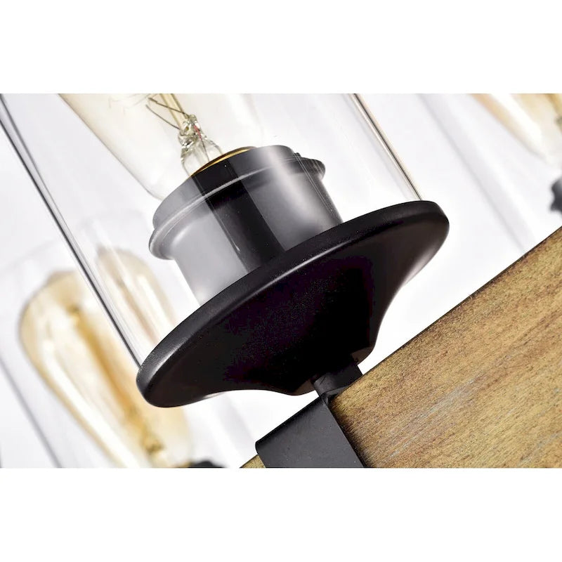 Luminaire linéaire îlot à 6 lumières noir mat et bois vieilli