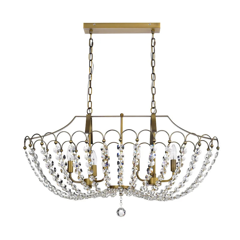 Luminaire de cuisine glamour vintage en laiton à 6 lumières avec cristal - Laiton vintage
