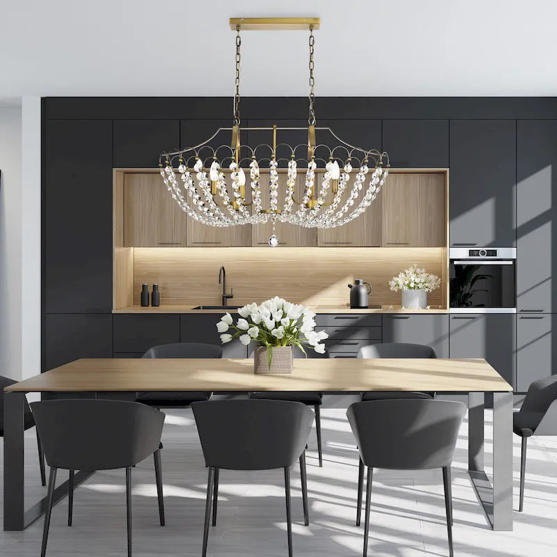 Luminaire de cuisine glamour vintage en laiton à 6 lumières avec cristal - Laiton vintage