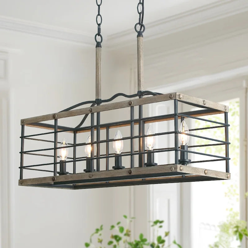 Farmhouse 5-Light Wood Grain Chandelier Kitchen Island Lights - L26 XW10.2 XH19.7 