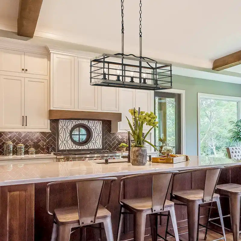 Lustre de style campagnard à 5 lumières, aspect bois, pour îlot de cuisine - L26 x l10,2 x H19,7