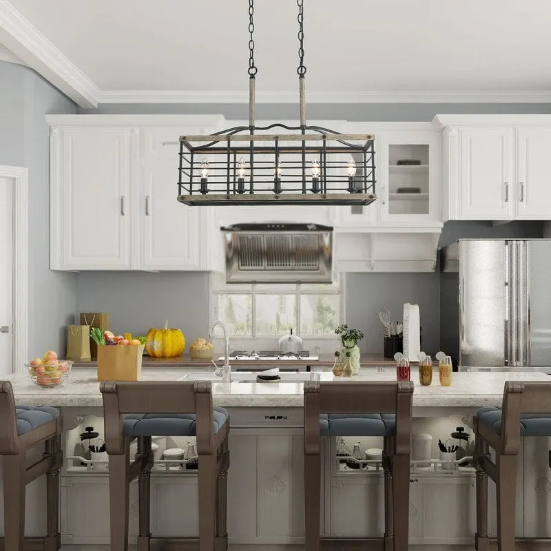 Lustre de style campagnard à 5 lumières, aspect bois, pour îlot de cuisine - L26 x l10,2 x H19,7