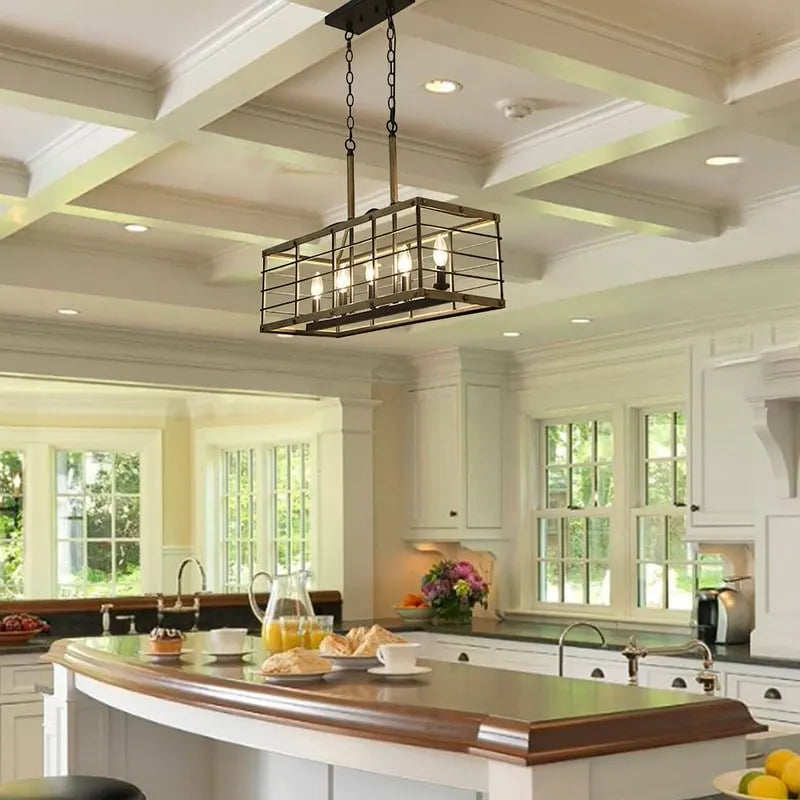 Lustre de style campagnard à 5 lumières, aspect bois, pour îlot de cuisine - L26 x l10,2 x H19,7