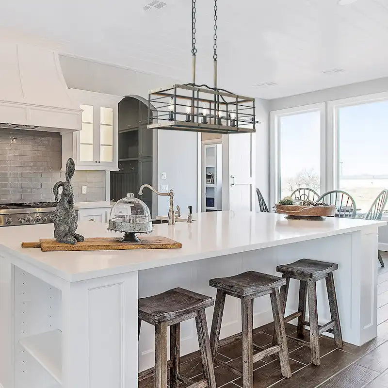 Lustre de style campagnard à 5 lumières, aspect bois, pour îlot de cuisine - L26 x l10,2 x H19,7