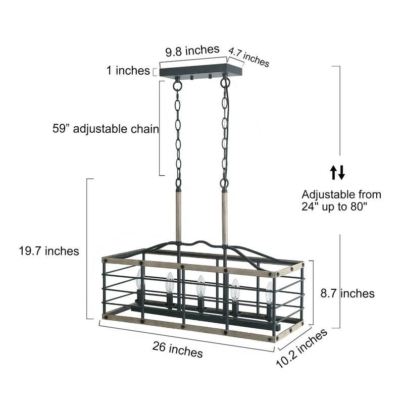 Lustre de style campagnard à 5 lumières, aspect bois, pour îlot de cuisine - L26 x l10,2 x H19,7