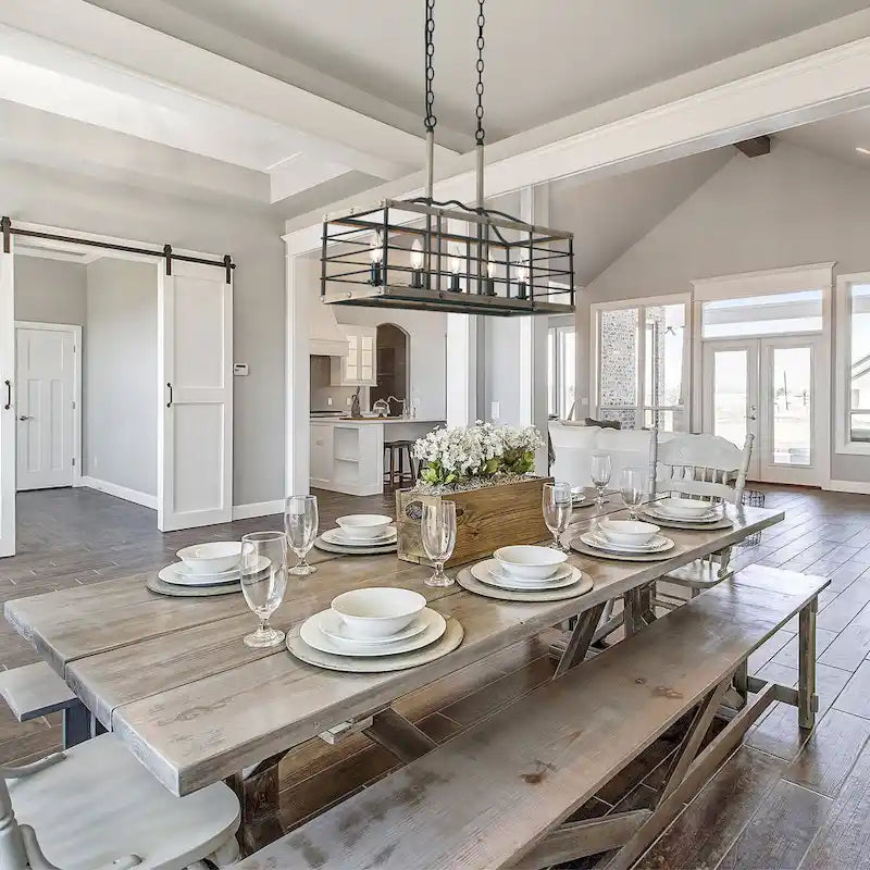 Lustre de style campagnard à 5 lumières, aspect bois, pour îlot de cuisine - L26 x l10,2 x H19,7