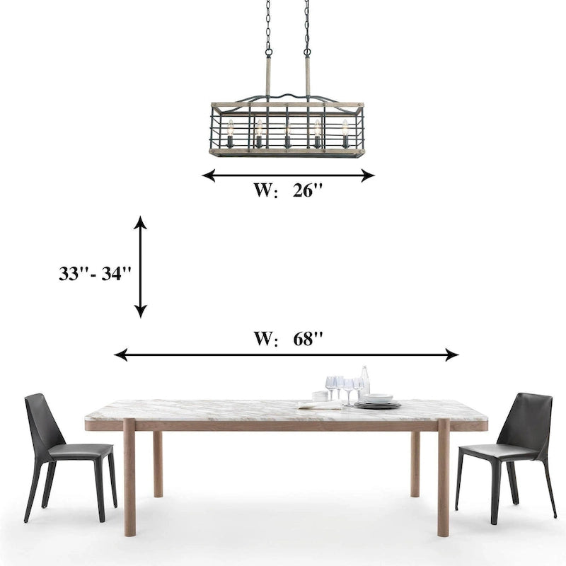 Lustre de style campagnard à 5 lumières, aspect bois, pour îlot de cuisine - L26 x l10,2 x H19,7