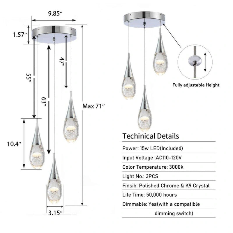 Suspension moderne à 3 lumières, intensité variable, en forme de méduse à bulles et cristal, pour îlot de cuisine