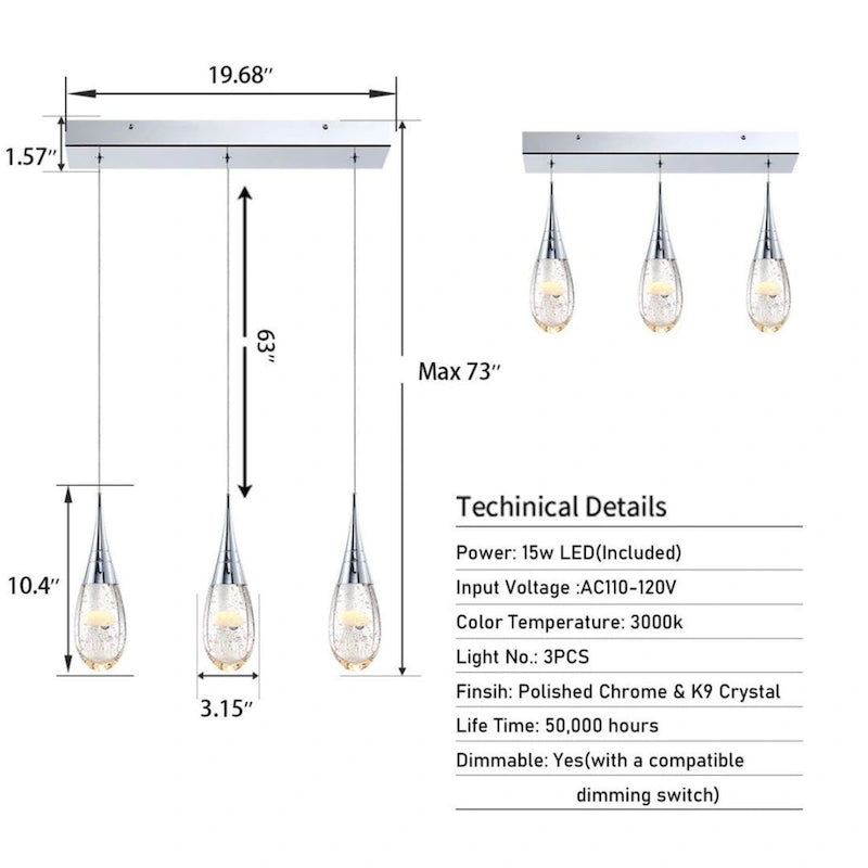 Suspension moderne à 3 lumières, intensité variable, en forme de méduse à bulles et cristal, pour îlot de cuisine