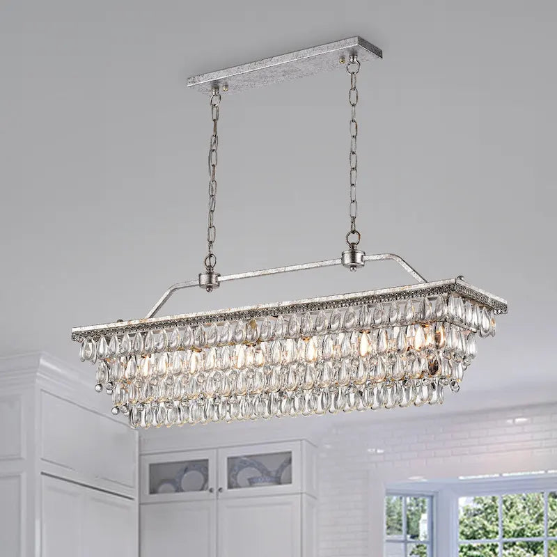 Antique Silver 6-Light Rectangular Kitchen Island Lighting with Crystal Hanging - Antique Silver