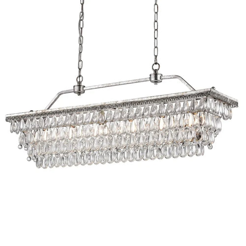 Luminaire rectangulaire à 6 lumières pour îlot de cuisine, couleur argent antique, avec suspension en cristal - Argent antique