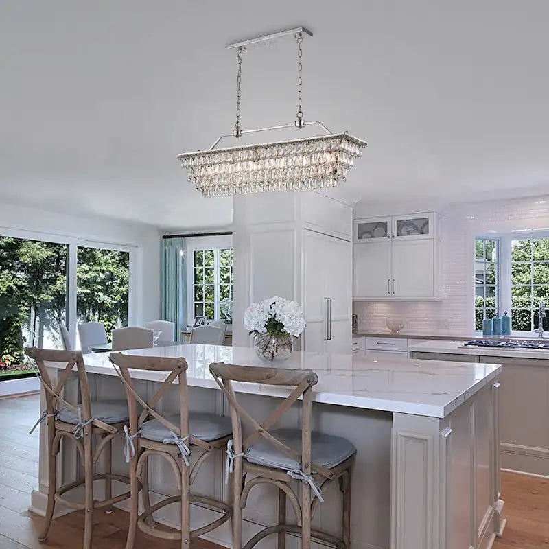 Luminaire rectangulaire à 6 lumières pour îlot de cuisine, couleur argent antique, avec suspension en cristal - Argent antique