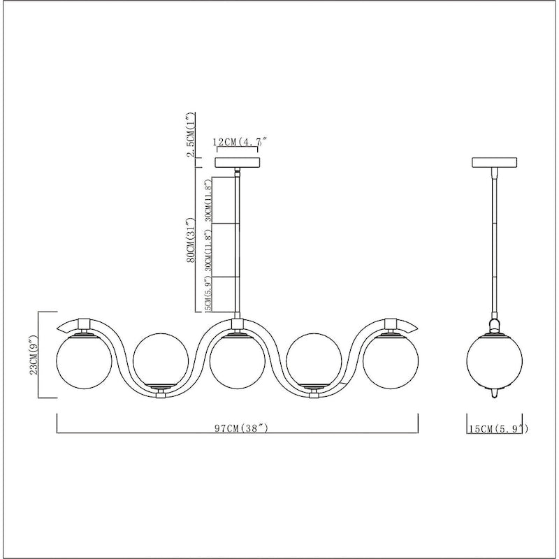 Suspension Fenix ​​Wave en verre opaque de 96,5 cm (38 pouces) à 5 lumières