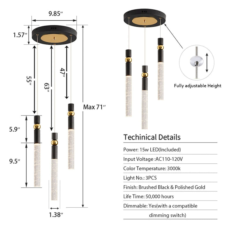 Suspension LED à 3 lumières avec cristal et variateur, plafonnier suspendu