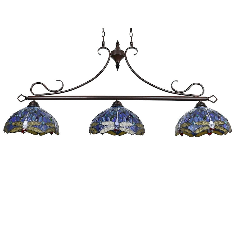 Luminaire linéaire à 3 lumières de style Tiffany, motif libellule, pour îlot central