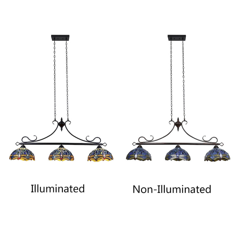 Luminaire linéaire à 3 lumières de style Tiffany, motif libellule, pour îlot central