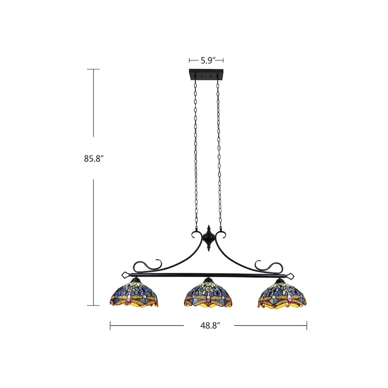 Luminaire linéaire à 3 lumières de style Tiffany, motif libellule, pour îlot central