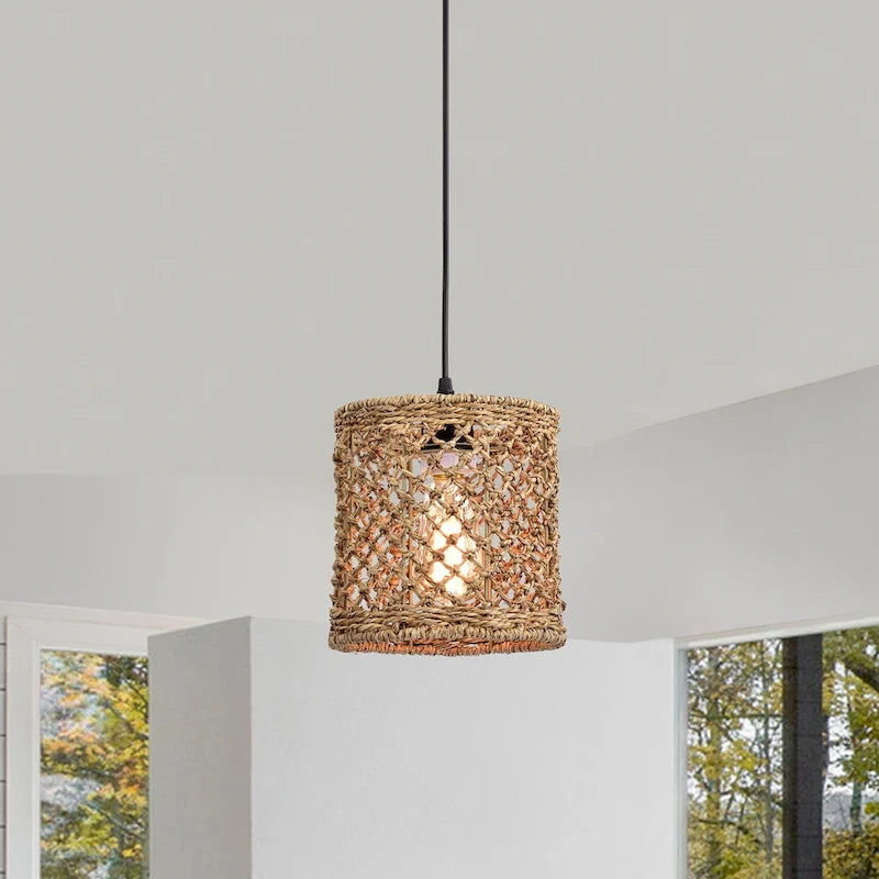 Shaun Dark Yellow 1-Light Rattan Drum Basket Pendant Light