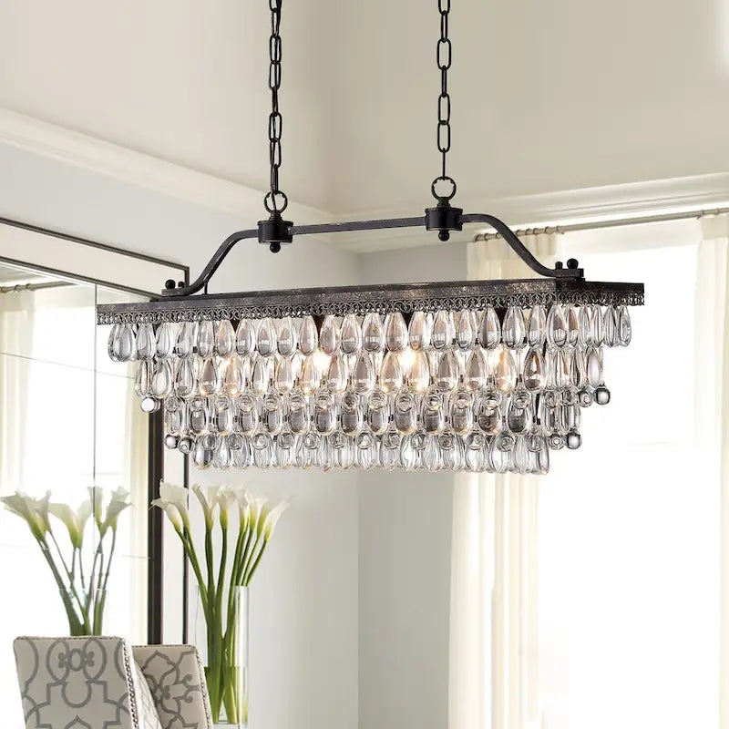 Antique Bronze 4-Light Rectangular Kitchen Island Lighting with Crystal Hanging - Antique Bronze